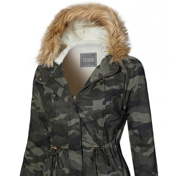 NEW LOVE TREE CAMO MILITARY SHERPA JACKET REMOVABLE FAUX FUR HOODED XS SM MD LG - Picture 2 of 8